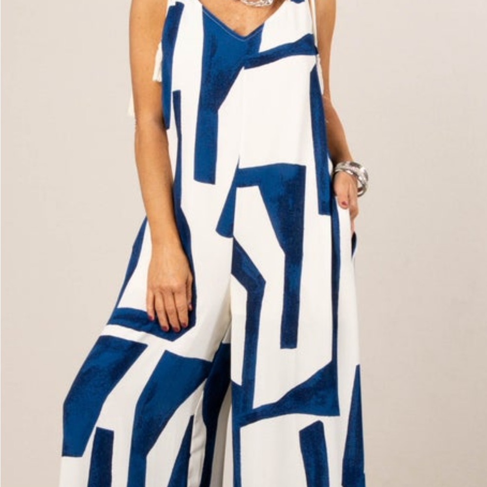 White Birch Abstract Navy and White Jumpsuit
